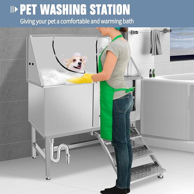 Stainless Steel Dog Washing Station For Large Dogs, Dog Grooming Tub For Home, Professional Dog Bathtub Bathing Station, Pet Wash Station, Dog Shower Tub With Stairs, Drain & Door
