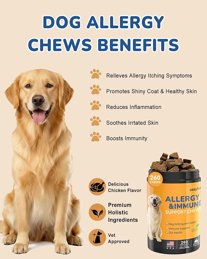 Dog Allergy Chews 260Ct - 23oz Dog Supplements for Itchy Skin and Paw Licking, USA Lab Formula with Probiotics, Boost Immune System