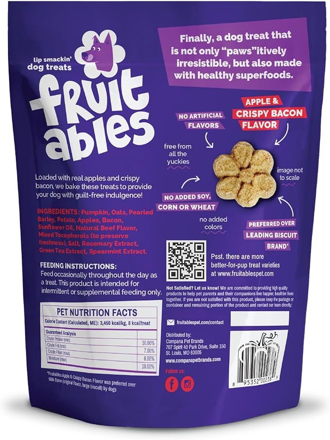 Fruitables Baked Dog Treats, Healthy Pumpkin Treat for Dogs, Low Calorie & Delicious, Free of Wheat, Corn and Soy, Made in the USA, Apple and Crispy Bacon Flavor, 7oz
