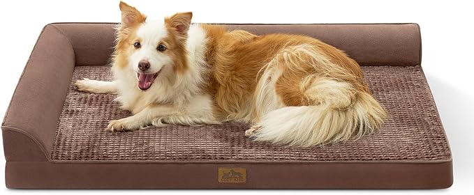 Orthopedic Dog Bed for Large Size Dog, Extra Large Pet Sofa, Foam Bolster Couch with Waterproof Lining Cover, Anti-Slip, Washable, L-Shaped, XL 44x32x7 inch, Brown