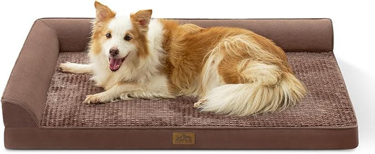 Orthopedic Dog Bed for Large Size Dog, Extra Large Pet Sofa, Foam Bolster Couch with Waterproof Lining Cover, Anti-Slip, Washable, L-Shaped, XL 44x32x7 inch, Brown