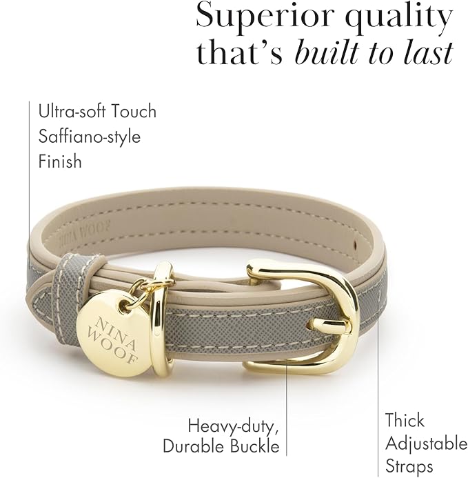 Nina Woof London Vegan Leather Dog Collar - Luxury Cute Adjustable Buckle Collar for Small to Large Dogs - Padded Grey Over Beige, Extra Small
