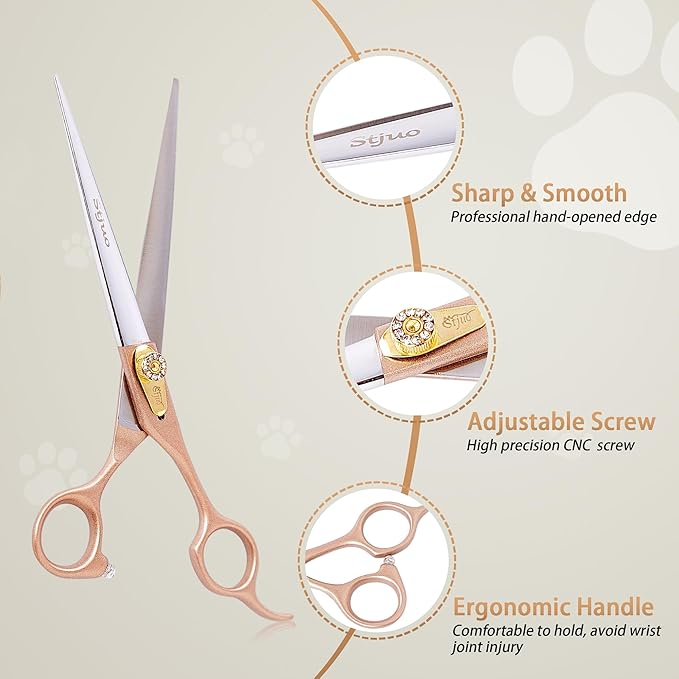 Professional Dog Grooming Scissors Rose Gold 440C Stainless Steel Straight Thinning Curved Chunker Shears for Pet Grooming Services Dogs and Cats (Straight, 7‘’)