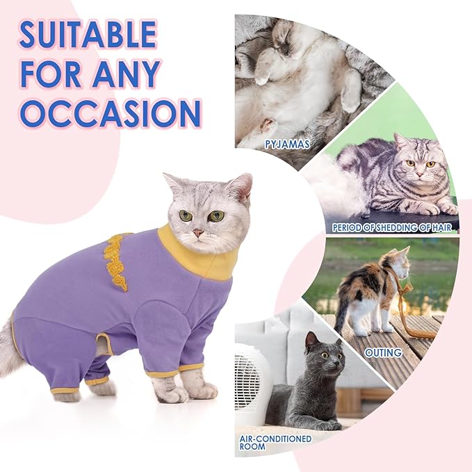 Cat Sticky Hair Clothes - Purple-XL, Prevent Fur Shedding Onesie for Adult Cat Suit,Sphynx Long Sleeves Pajamas for Air-Conditioned Room Wear,Keep Warmth,Soft,Stretchy