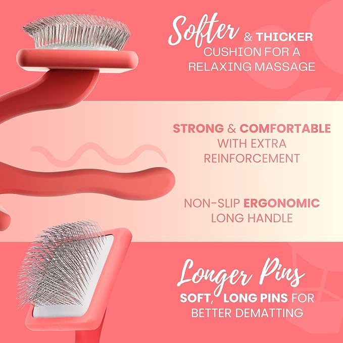 Pet Slicker Brush With Soft Massage Grooming Stainless Steel Pins - For Dematting, Shedding Fur, and Undercoat - Ideal Gift for Professional Pet Groomers - Long Slicker Brush (Coral, Curved Small)