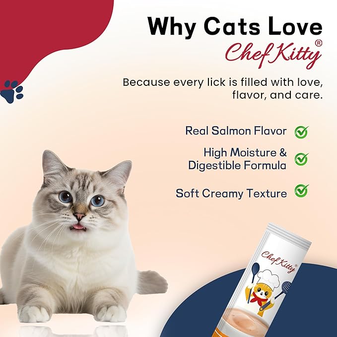 Chef Kitty Purée Pops, Cat Treats, Grain-Free, Lickable, Squeezable Creamy Cat Treat/Topper with Vitamin E & Taurine, 0.5 Ounces Each Tube, 10 Tubes, Salmon Flavor