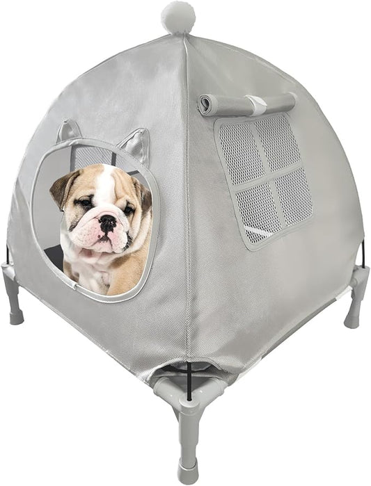 Pozico Elevated Pet Bed with Breathable Mesh for Small Cat and Dog, Raised Cooling Pet Cot for Puppy and Kitty, 18.9x18.9 inch (Gray Bed with Canopy)