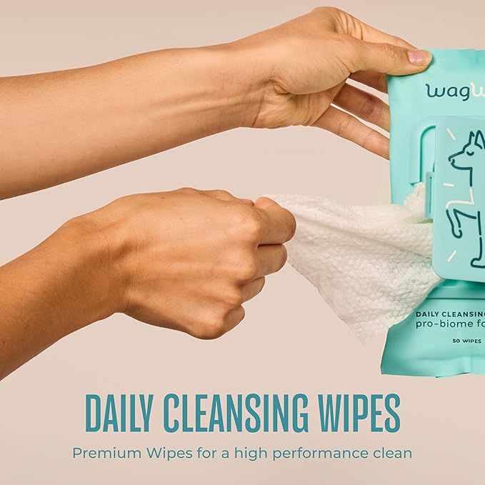 WagWell Daily Cleansing Dog Wipes – Vet-Approved, All Natural, Dermatologist Tested, Microbiome-Friendly – Head-to-Tail (Avoid Eye Area), Helps Reduce Odor – No Added Fragrance, 50 Count