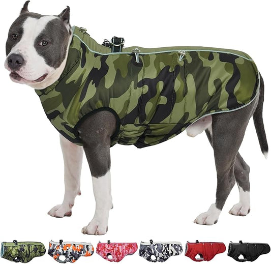 Dog Winter Jacket - XX Large, Warm Zip Up Snowsuit Dog Harness Vest, Reflective, Water-Resistant, Camouflage