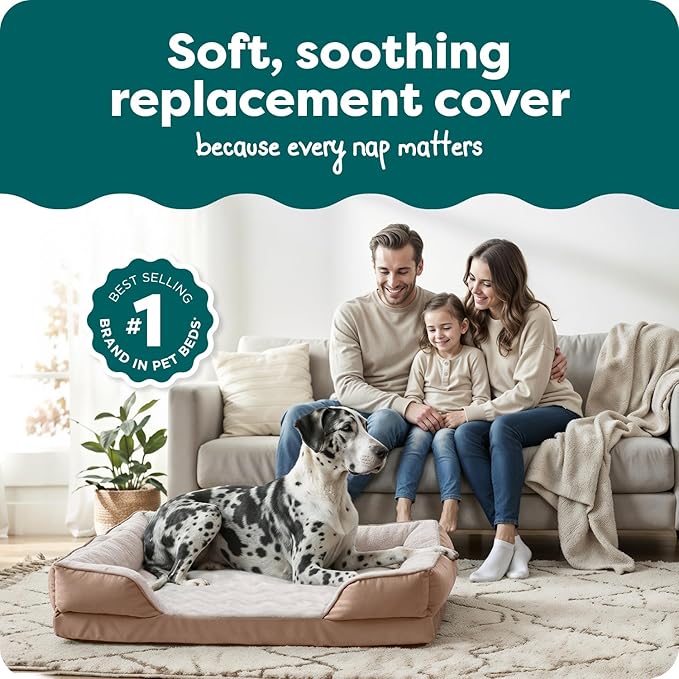 FurHaven Dog Bed Cover Replacement, Sofa-Style Design with Soft, Breathable Fabric for Cozy Comfort, Machine Washable, Jumbo Plus/XXL, Plush & Velvet Waves, Brownstone