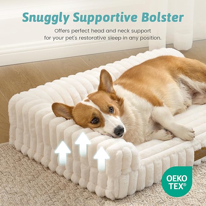 Cute Dog Bed, Faux Fur Orthopedic Foam Dog Bed with Sides, Removable Washable Cover & Waterproof Lining, Comfortable Pet Couch for Medium Dogs, Cream (36" L x 27" W x 6.5" Th)