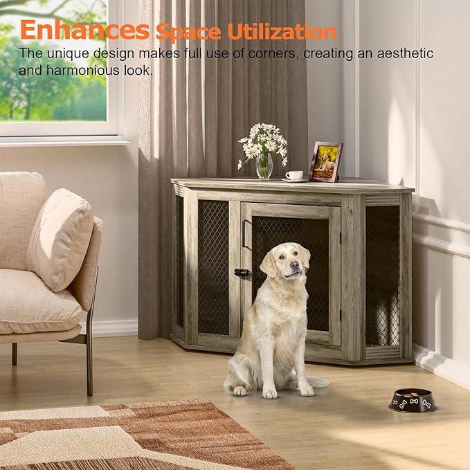 Coner Dog Crate Furniture, 52" Wooden Dog Kennel Furniture End Table with Mesh, Dog Kennel Indoor Furniture for Small Medium Large Dogs, Modern Decorative Wood Pet House Dog Cage Crate, Grey