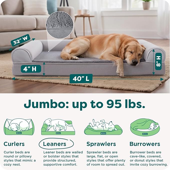 FurHaven Orthopedic Dog Bed for Large Dogs, Sofa-Style with Cooling Gel topper with orthopedic memory foam base for Joint Support, Removable Washable Cover, Jumbo/XL, Plush & Suede, Gray