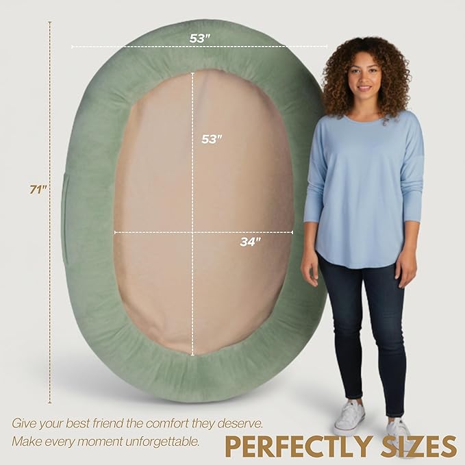 Human Dog Bed for Adults & Pets – Extra Large Cozy Lounger with Ultra-Soft Plush Fabric, Premium Egg Crate Foam & Removable Washable Cover – Oversized Pet Bed for Relaxation & Bonding (Green & Beige)