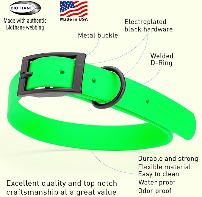 Dogline Biothane Coated Webbing Dog Collar with Black Metal Hardware: Durable Easy-Clean Everyday Collar for Dogs - Comfortable Adjustable Odor-Resistant Pet Collar, W1 x L18-22, Tropical Green