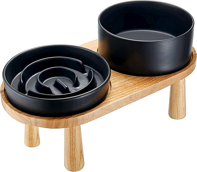 Ceramic Slow Feeder and Water Bowl Set for Medium and Large Dogs, 8.0inch Ceramic Dog Bowls Elevated with Wooden Stand, 2.0 Cups Dog Slow Feeder(30oz) and 70oz Water Bowl Set, Black