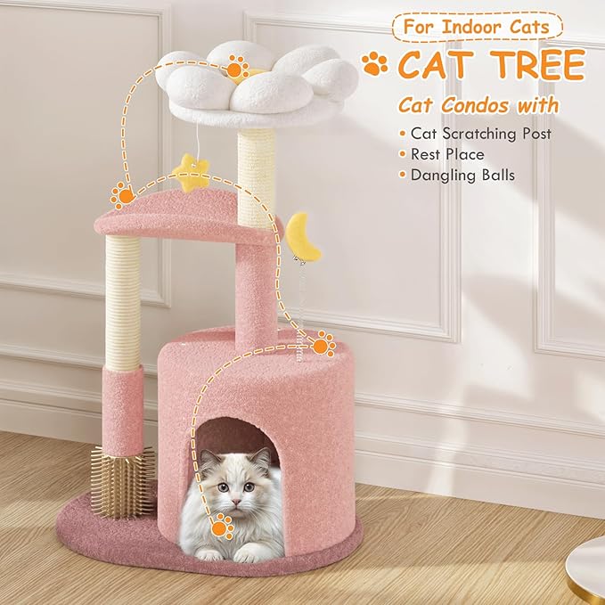 Athena Collection Small Cat Tree Condo with Sisal Scratching Post, 33 Inch Modern Cute Flower Cat Tree Tower with Cozy Perch Toy Ball for Indoor, Kittens, Pink