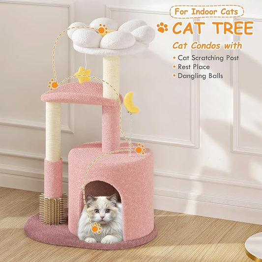 Athena Collection Small Cat Tree Condo with Sisal Scratching Post, 33 Inch Modern Cute Flower Cat Tree Tower with Cozy Perch Toy Ball for Indoor, Kittens, Pink