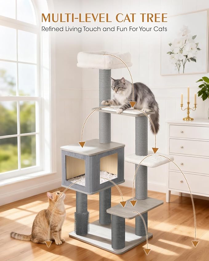 60in Maine Coon Cat Tree for Large Cats, Heavy Duty Cat Trees for Large Cats, Modern Cat Tree Tower with Plush Platforms, Gray Sisal Posts, Scratching Post for Indoor Cats