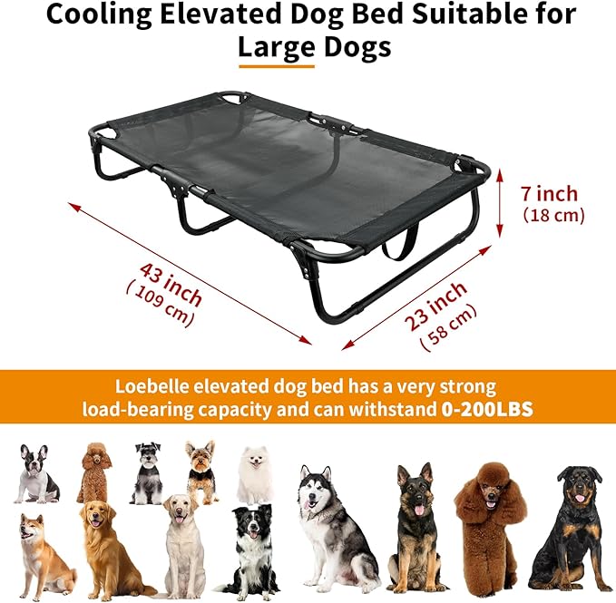 Foldable Elevated Dog Bed for Large Pet, No-Assembly-Need Folding Raised Dog Bed, Waterproof Outdoor Dogs Cot Cooling Pet Hammock Beds with Breathable Mesh, Chew-Proof, Black