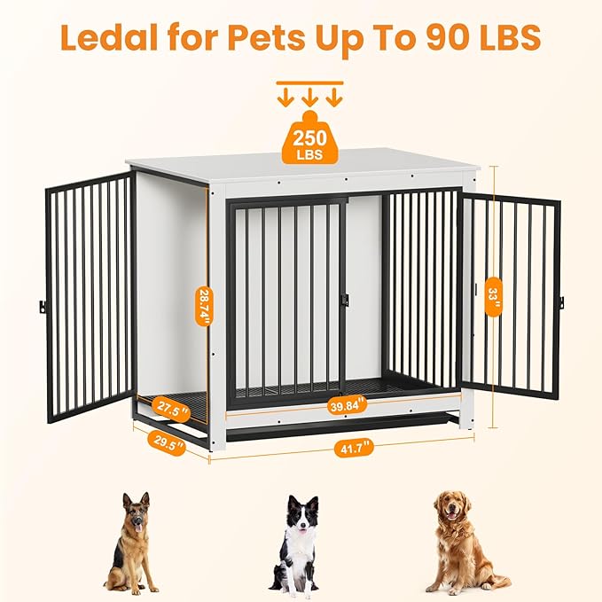 Dog Crate Furniture, 42 InchI ndoor Large Dog Kennel for Medium to Large Dogs Up to 70 LBS, Heavy Duty Wooden Pet Cage End Table with 3 Doors, Alloy Steel Frame & Removable Tray