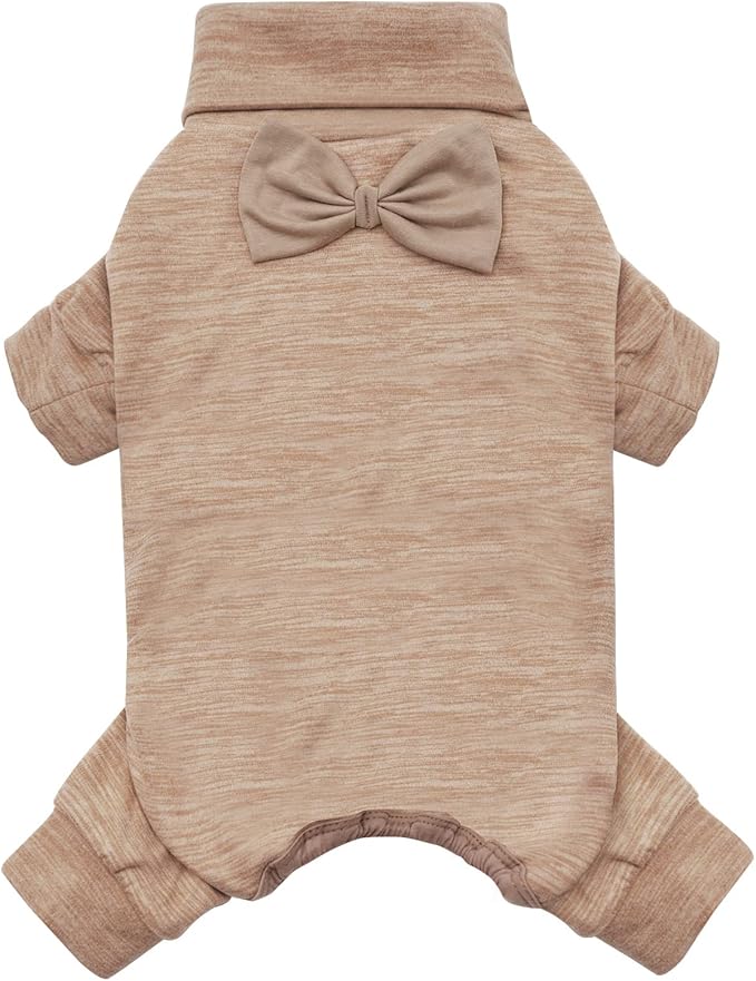 KYEESE Pajamas for Small Dogs - Turtleneck Stretchy Pjs Sweater, Super Soft Warm Material Coat With Bowtie, Dog Onesie Puppy Pajamas, Khaki, XS