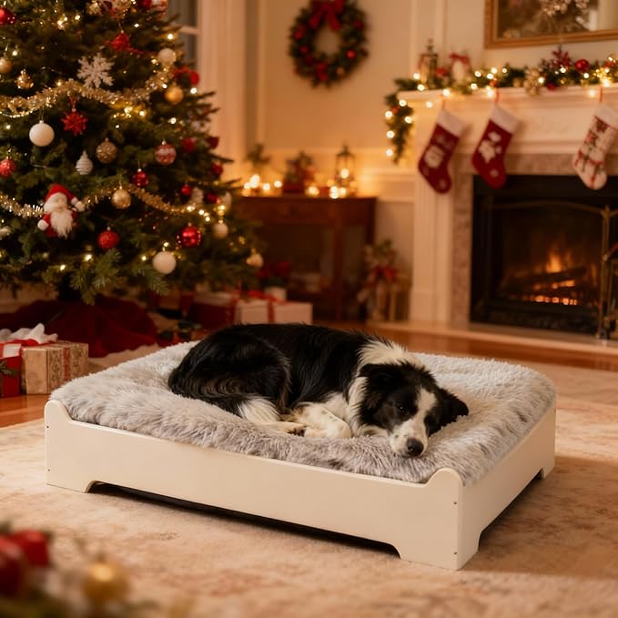 Elevated Dog Bed,32×24.8 Inch Medium Raised Dog Couch with Cover, White M Supports up to 50lbs
