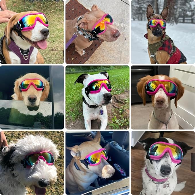 Dog Goggles for Large Breed, Dog Sunglasses Medium Dogs, UV Protection Dustproof Doggy Goggles with Adjustable Straps, Pet Glasses for Medium to Large Breed, Pink