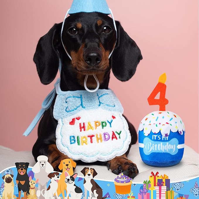 Dog Birthday Cake Toy Accessories for Girl Boy Gifts, Squeaky Plush Toy for Dog Birthday Party Decor Favor for Large, Medium and Small Dogs(4th,Blue)
