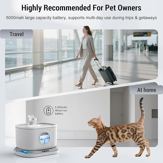 Cat Water Fountain Wireless, Petlipo 5000mAh Battery Operated Cat Fountain, 2.6L/88oz Cordless Pet Drinking Fountain with Motion Sensor for Cats Dog Indoor Ultra Quiet BPA-Free