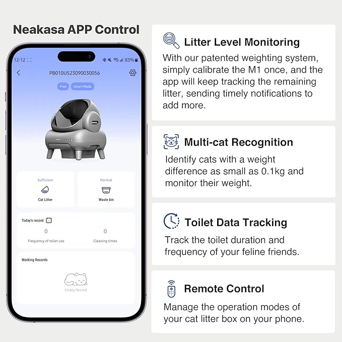 Neakasa M1 Open-Top Self Cleaning Cat Litter Box, Automatic Robot Cat Litter Tray with Remote APP Control, Odor-Free Waste Disposal Includes Trash Bags and Cat Litter Mat (M1 Model)