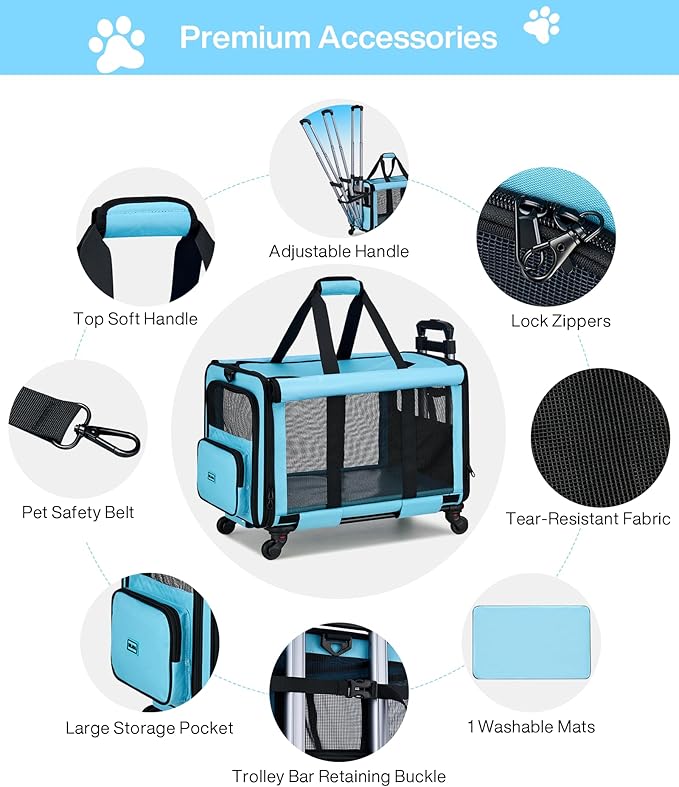 MILADA Extra Large Cat Carrier with Wheels for Big Cats & Small Dogs Soft Sided Rolling Pet Carrier Detachable XL Cat Stroller for Travel, Hiking, Vet & Hospital Use, Blue
