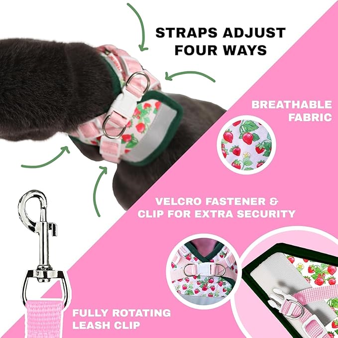 Travel Cat Strawberry Shortcake Harness & Leash Set - Adjustable Fit Mesh Cat Harness with Reflective Strap - Harness for Cats, Kittens for Outdoor (Strawberry Shortcake, Large)
