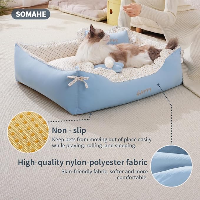 Cat Bed Rectangle Pet Bed Gift for Puppy and Kitten Machine Washable Calming Fluffy Pet Couch Sofa for Indoor Outdoor Portable Soft Cat Beds with Non-Slip Bottom 24×18×9inch Blue