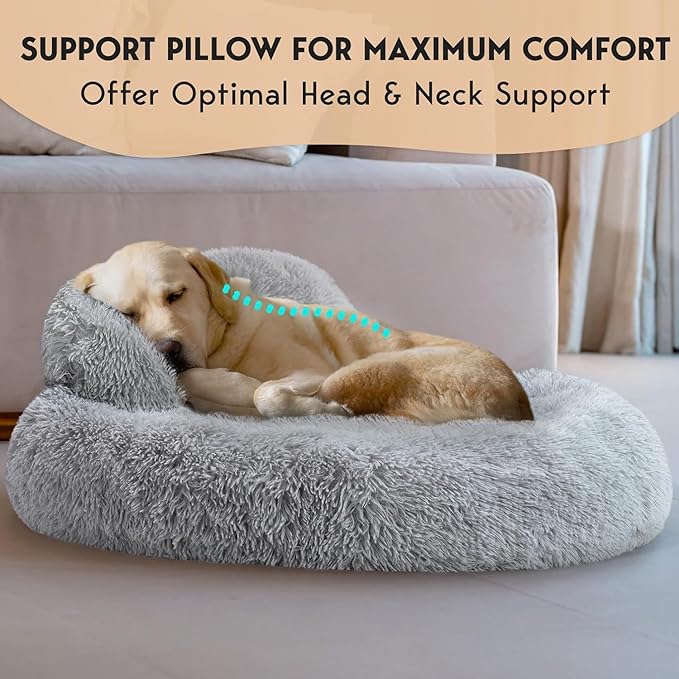 PetJett Calming Dog Beds Large Sized Dog - 36'' Round Bed, Anti-Slip & Washable Super Soft Donut Bed, Fluffy Faux Fur Anti-Anxiety Premium Comfort Pet Bed, Fits Dogs up to 100 lbs - Bright Grey