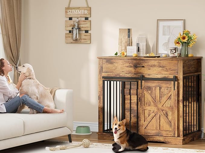 37.8" Dog Crate Furniture for Small Medium Dogs, 2-in-1 Iron-Wood Fusion Dog Cage Indoor As Side End Table, Farmhouse Dogs Kennel with Sliding Barn Doors & Drawer, Brown