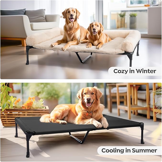 Veehoo Cooling Elevated Dog Bed + Removable Fluffy Pillow-Top Mat, Plush Raised Dog Bed with Bolster, Breathable Mesh, No-Slip Feet, Dog Sofa Bed for Indoor & Outdoor, 59"x37.5", XXLarge, CWC2331E