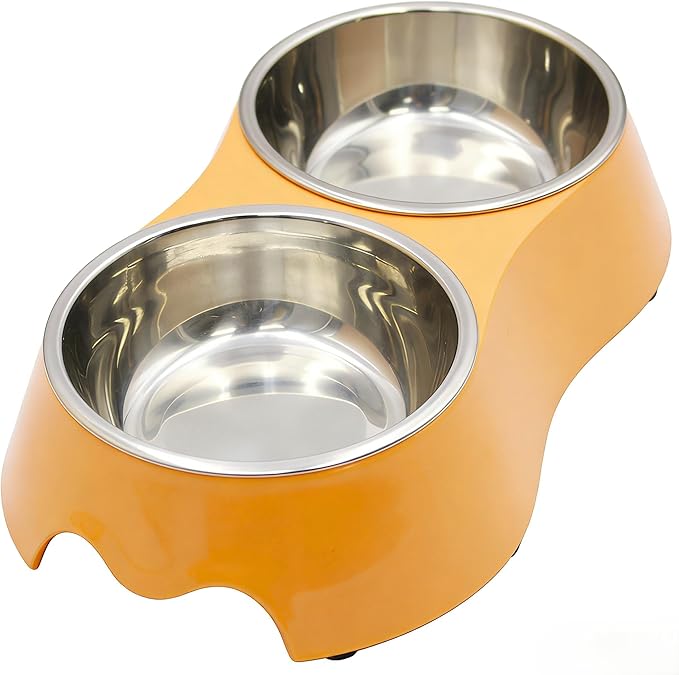 Large Orange Double Pet Bowl – Non-Slip Stainless Steel Food & Water Set for Medium/Large Dogs & Multiple Cats, BPA-Free Mess-Free Feeding Dishes