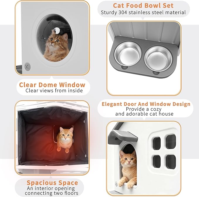Rockever Outdoor Cat House with Insulated Liner, 100% Insulated Cat Houses for Winter Outside, 2 Story Waterproof Cat House For Outdoor Cats, Sturdy Stainless Steel Bowl & Scratching Post,Clean Easily