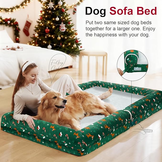 Large Dog Bed Orthopedic Washable: Christmas Pattern Big Dogs Beds with Bolster Puppy Sofa Couch Waterproof Removable Cover - Green
