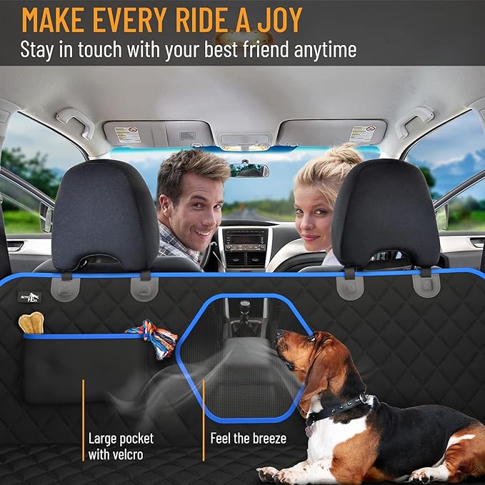 Active Pets Dog Car Seat Cover for Back Seat, Waterproof Pet Protection Hammock, SUV Truck Car Backseat Protector with Safety Features, Blue