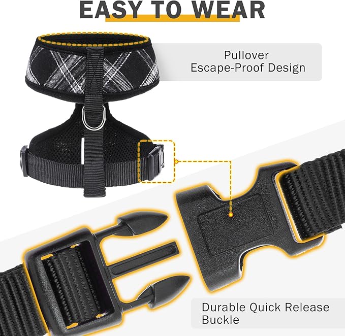 SCENEREAL No Pull Dog Harness Collar and Leash Set Small Medium Sized Dog, Soft Mesh Step in Puppy Harnesses, No Chock Plaid Adjustable Pet Vest for Outdoor Walking Training and Running, Black XS