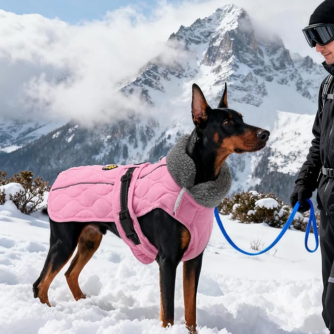 Dog Winter Jacket, Adjustable Water-Resistant Dog Warm Coat with Fleece Lining, Windproof Cold Weather Coats for Winter, Reflective Snow Jacket for Labrador Golden Retriever, NewPink XL