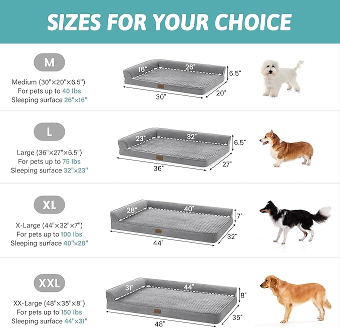 Orthopedic Dog Bed for Large Size Dog, Extra Large Pet Sofa, Foam Bolster Couch with Waterproof Lining Cover, Anti-Slip, Washable, L-Shaped, XL 44x32x7 inch, Grey