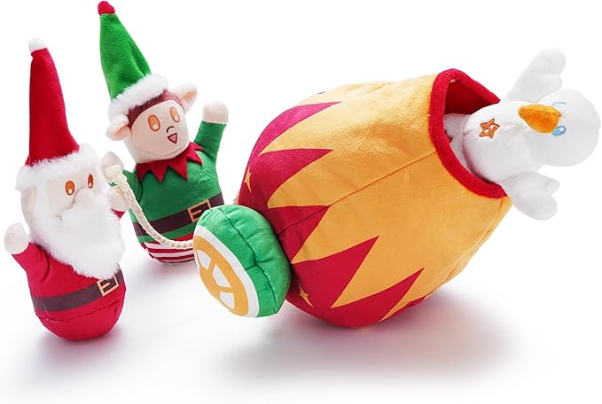 Nocciola Christmas Squeaky Dog Toys 4PCS, Interactive Hide and Seek Dog Toys Christmas Theme- Santa/Snowman/Elf in Cannon Toys Plush, Crinkle Dog Chew Toys for Large Medium Small Dogs