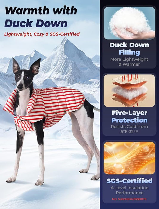 SPACE LION Dog Puffer Jacket, Down Winter Coat, Durable Outdoor Coat for Cold and Windy Conditions, Lightweight & Adjustable Fit Coats for Large Dogs, (RedStripe, Size26/3XL)