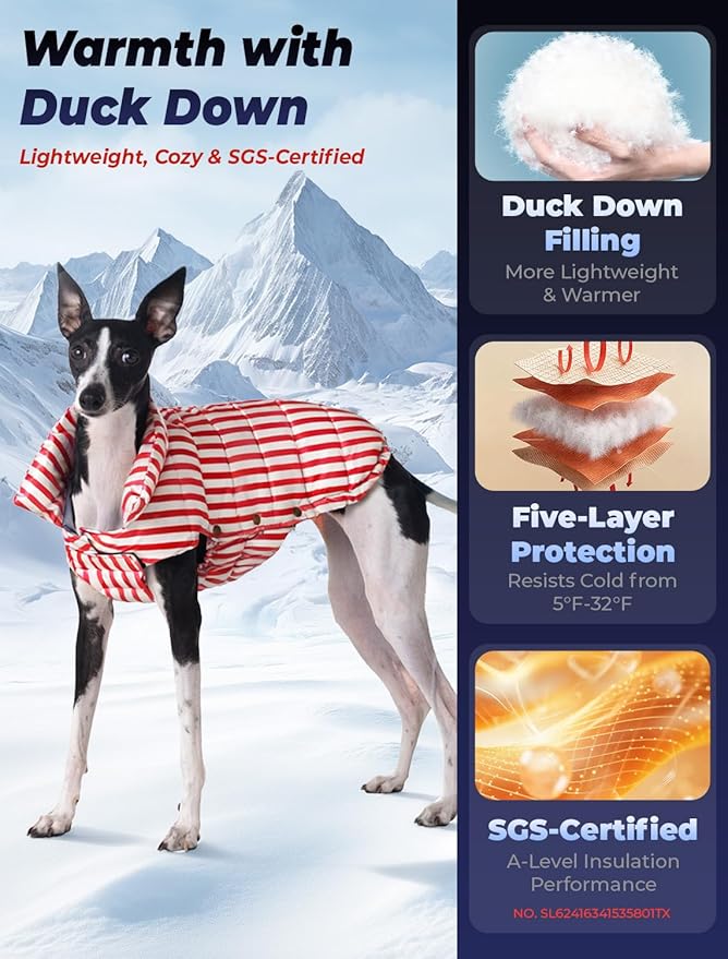 SPACE LION Dog Puffer Jacket, Down Winter Coat, Durable Outdoor Coat for Cold and Windy Conditions, Lightweight & Adjustable Fit Coats for Large Dogs, (RedStripe, Size28/4XL)