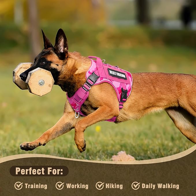Tactical Dog Harness for Large Dogs,No Pull Military Dog Vest with Easy Control Handle&Molle,Adjustable Heavy Duty Pet Harness for K9 Working Hiking Training Daily Walking Camo Pink L