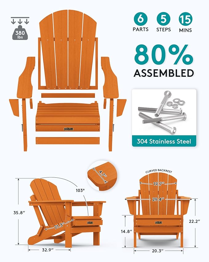SERWALL Folding Adirondack Chair for Patio Garden Outdoors Heavy All-Weather Fire Pit Chairs - Orange