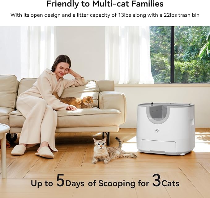 FuroomateCare F8 Self-Cleaning Cat Litter Box – Large Capacity, Open-Top Design for Multi-Cat Homes, Enhanced Safety Features Includes Trash Bags